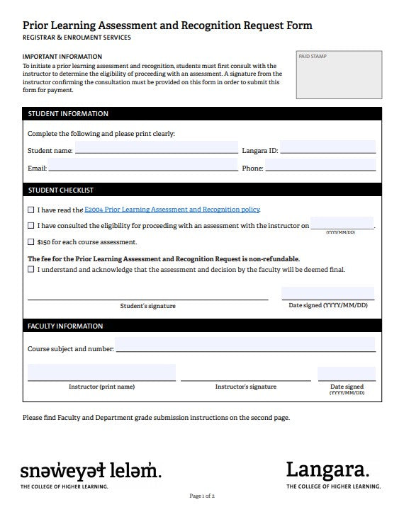 Prior Learning Assessment and Recognition Request Form – Langara Fee ...